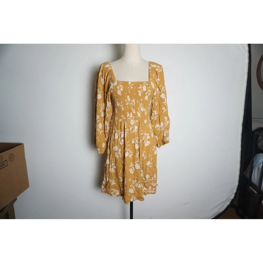 Billabong Mustard Yellow Floral Smocked Mini Dress Long Puff Sleeve Medium